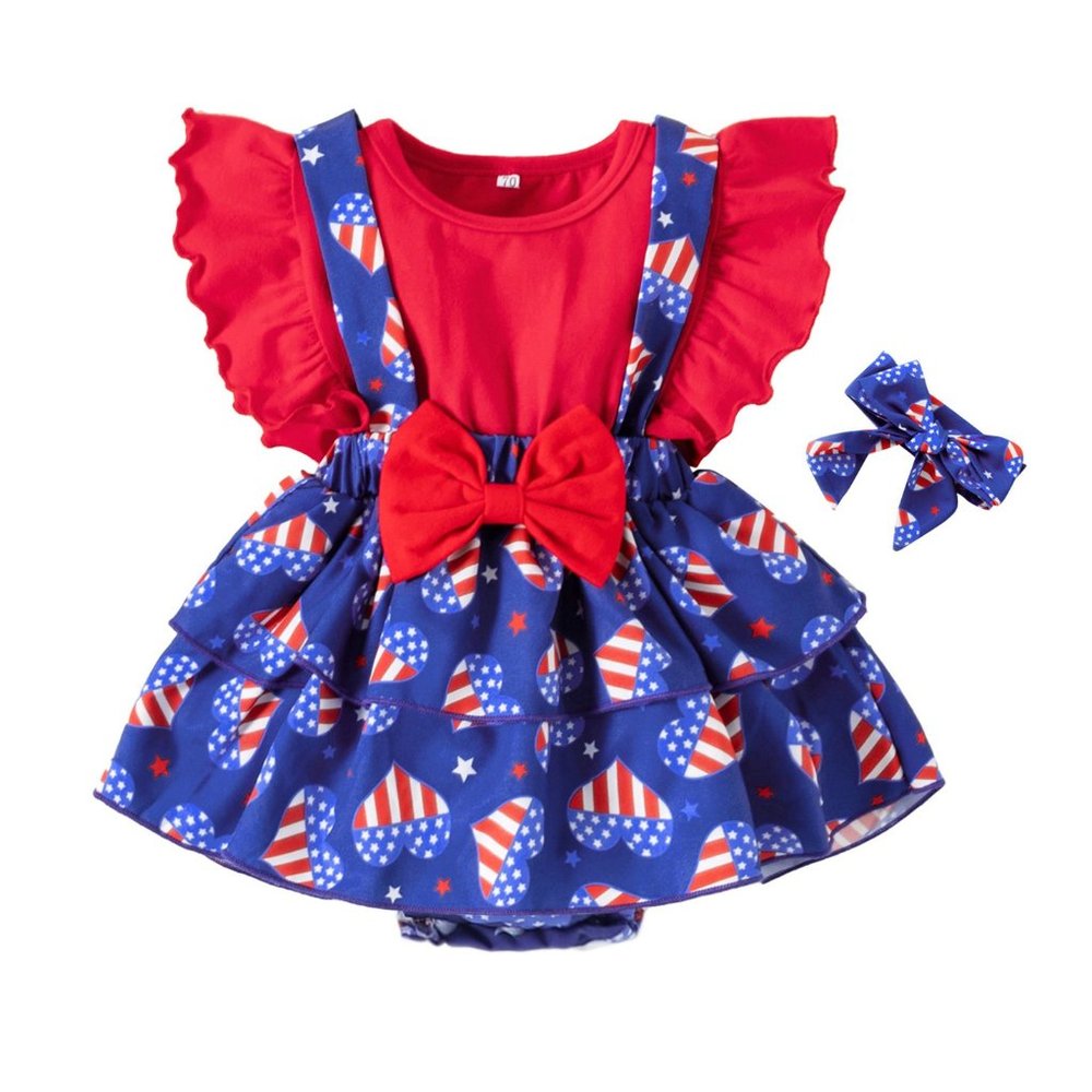 American Flag Ruffle Romper Dress & Headband 2pcs 4th of July Baby Outfit